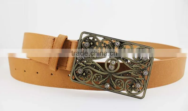 Hot sale Vintage Style women's fashion PU brand belt with shiny rhinestone square shape buckle