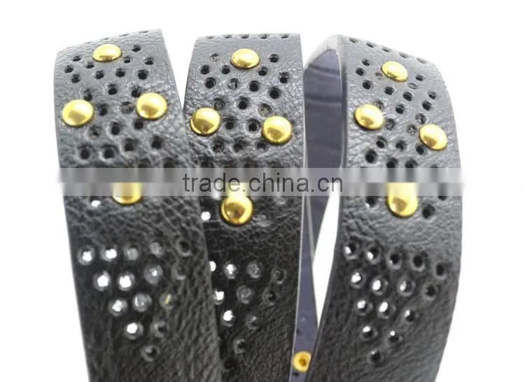 Women's fashion metal studded black leather belt with shiny gold buckles in yiwu