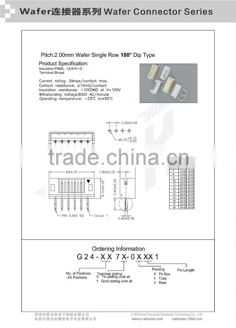 Pitch:2.00mm Wafer Single Row 180 Angle Dip Type 6 Pin Connector