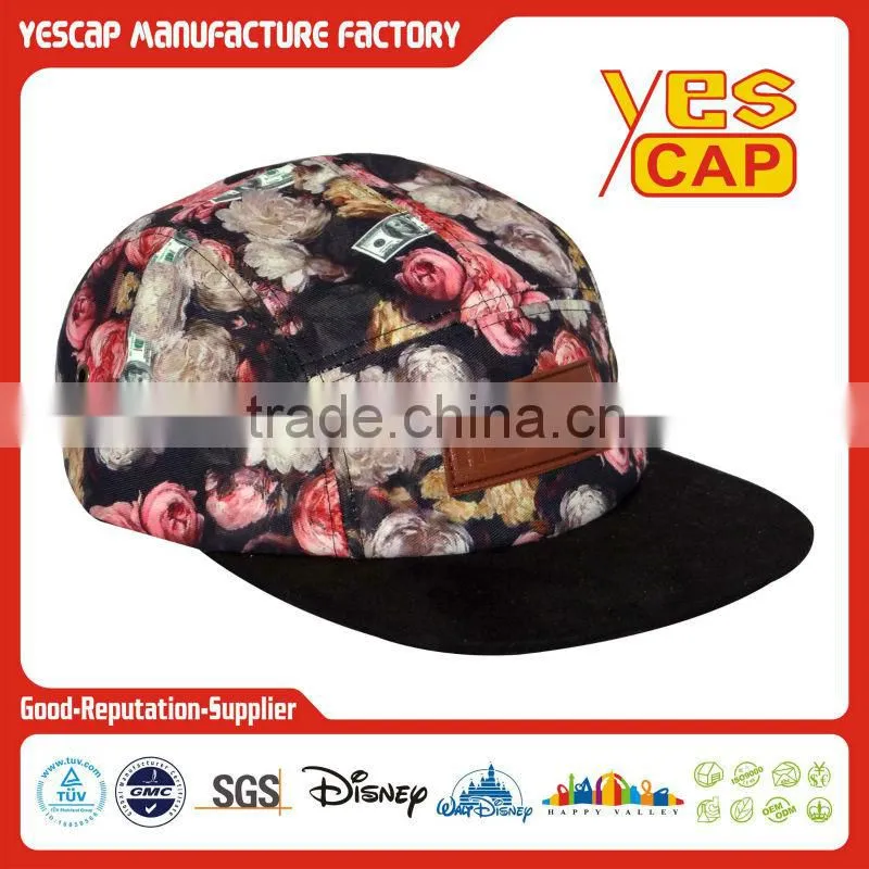 Custom flat brim 5 panel cap with floral patern