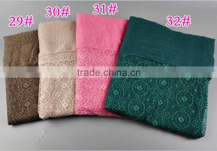 hot selling stock Lace cotton Flower Plain Pure Color Women Pattern Scarf Voile Cotton Scarves 180*110 Pashmina moq 10pcs