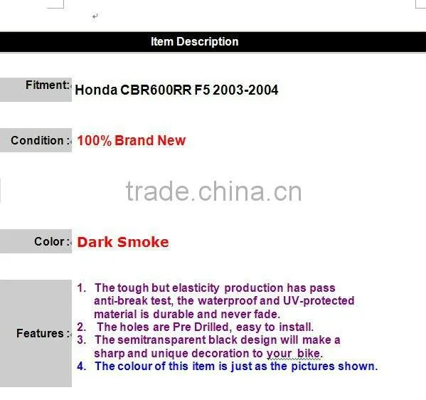 For Honda CBR600 F5 03-04 Motorcycle Windscreen Windshiled Black Color
