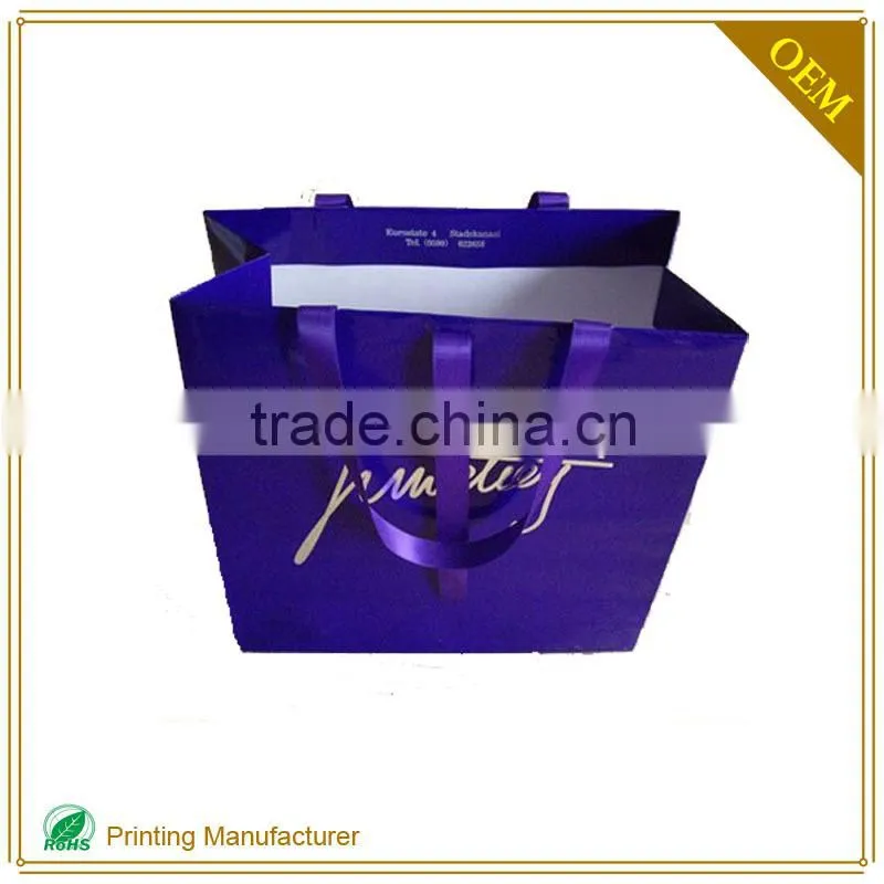 Purple Luxury Paper Hand Bag Shopping Packaging Gold Logo Custom Printing