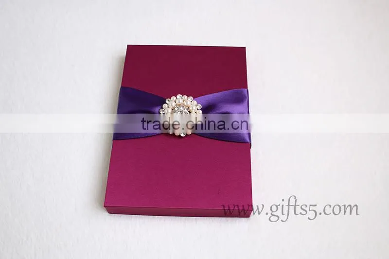 Custom Burgundy wedding invitation boxes with brooch in handmade