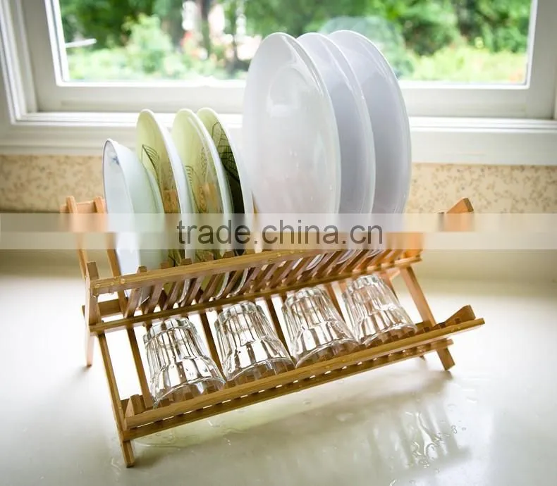 BH002/ Unique Foldaway Counter Kitchen Decor Bamboo Folding Dish Drying Stainless Steel Utensil Rack
