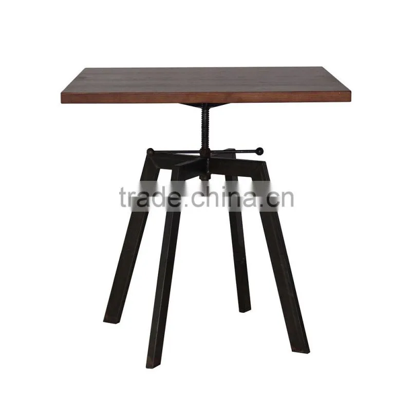 Industrial adjustable height wooden dining table with iron legs