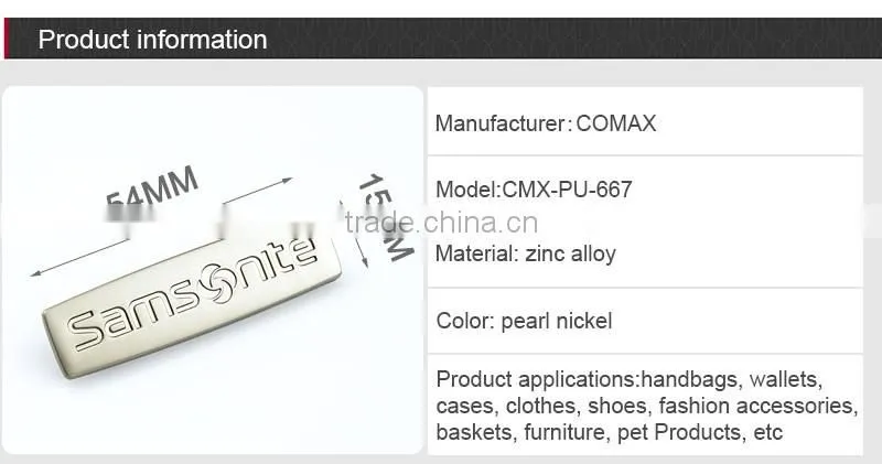Shiny nicklel custom metal handbag name plate