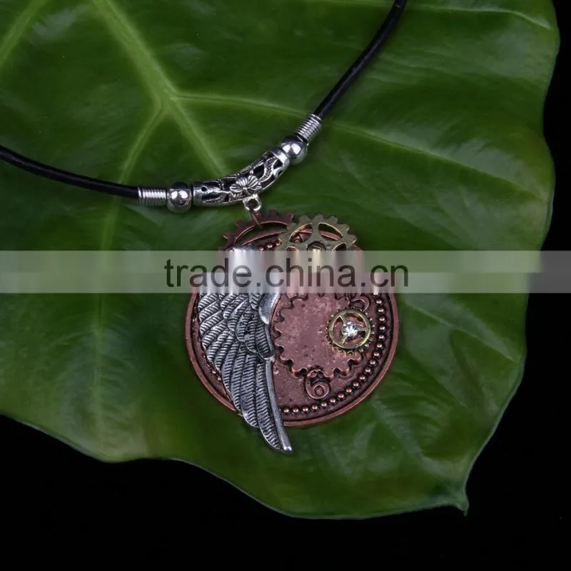 2015 yiwu fashion imitation jewelry hot sale steampunk gear wings pendant with imitation crystal cameobig statement necklace