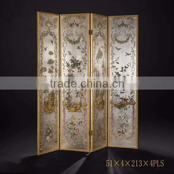 Elegant Gilt Wooden Floor Screen, Gold Painted Flower & Bird Four Panel Folding Screen, Curio Classic Furniture Decor Screen