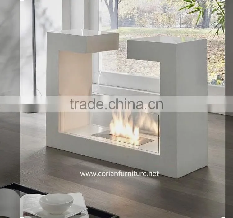 Custom sized corian made indoor fireplace
