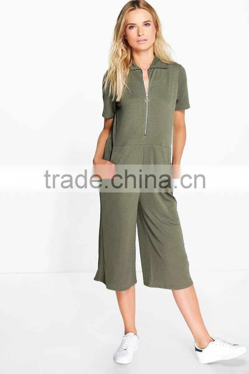 Custom Printing One Piece Jumpsuit Women Short Sleeve Loose Jumper Style Culotte Zippered Jumpsuit Wholesale