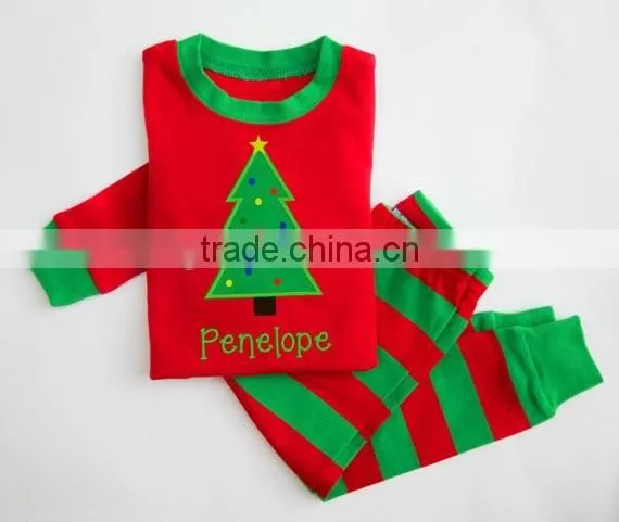Christmas pajamas red and green stripe unique boy or girl names monogram personalized set