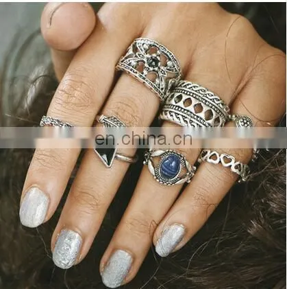 7pcs/set Retro Carved Gemstone Bohemian Gem Finger Knuckle Ring