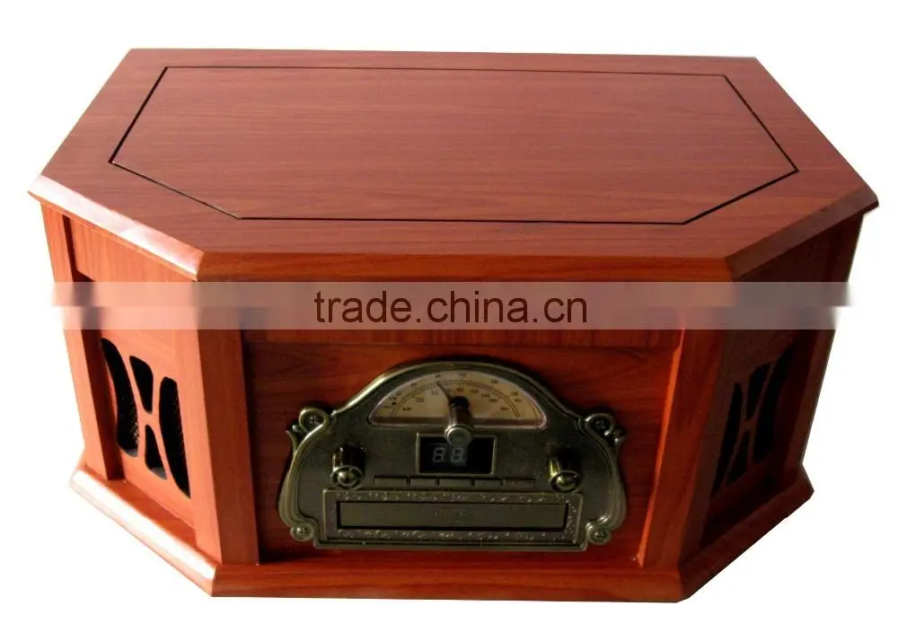 Back to 60s-Style! Wooden Gramophone&Multi Turntable&Jukebox Records with AUX Input/CD Player/AM,FM Radio/Cassette