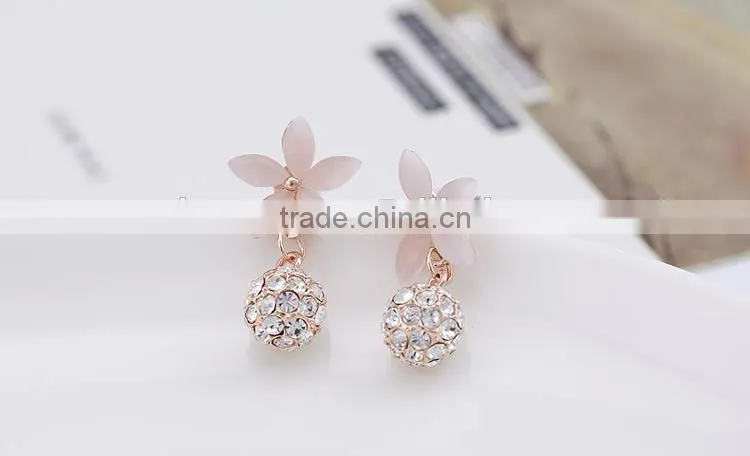 Pink Crystal ball drop Earrings Long Rhinestone Earrings Crystal Rhinestone Flower Dangle Earrings