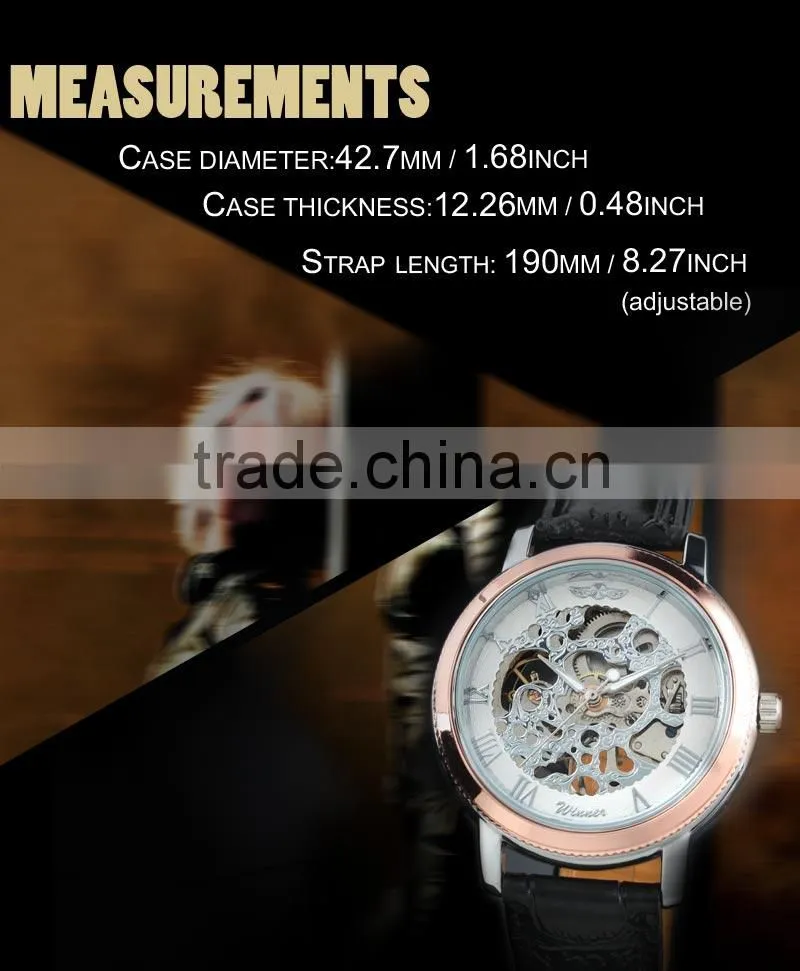 ESS Men's Black Leather Rose Golden Case Skeleton Hand-Wind Up Mechanical Watch WM203