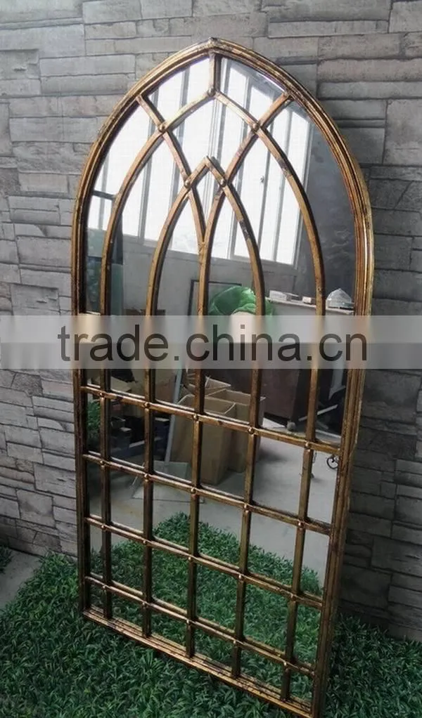 Golden antique arched gothic style iron wall mirror