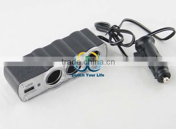 New PL12V3US Plug In Car 1 TO 3 Cigarette Lighter Multiplier With USB Charger