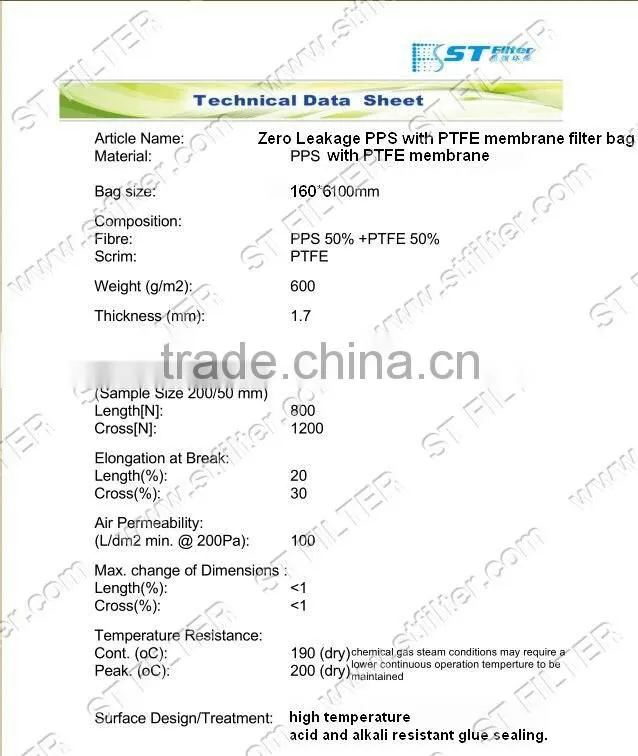 Zero leakage PPS with PTFE membrane filter bag ,filter bag for power plant