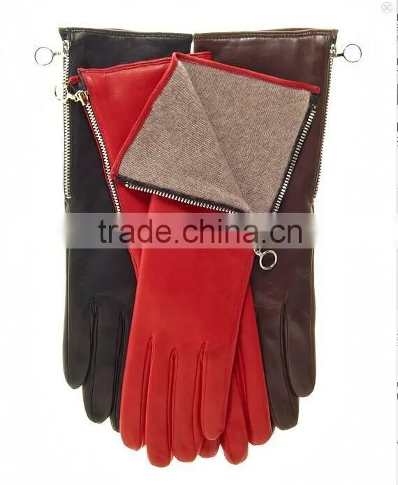 ladies wool lining long wrist color leather hand gloves with zipper