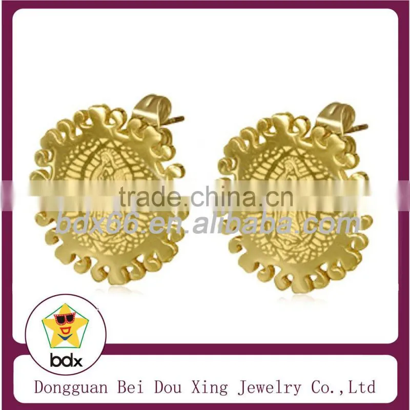 Classic Religious Accessory Stainless Steel Jewelry Gold Plated Chirstians Cartoon Style Enamel Virgin Mary Picture Stud Earring