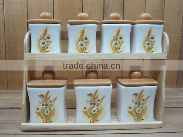 European unigue white ceramic canister sets with wooden stand