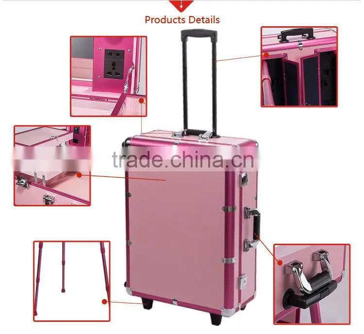 Sunrise Upgrade Super Quality Trolley Aluminum Makeup Case With Lights Mirror for 2016 Beauty & Cosmetic Import-Export Expo