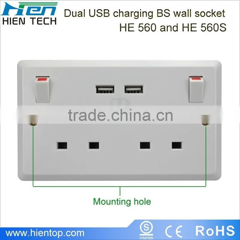 Good quality electrical socket extension 13A universal wall socket dual 2.1A 2.4A USB socket outlet