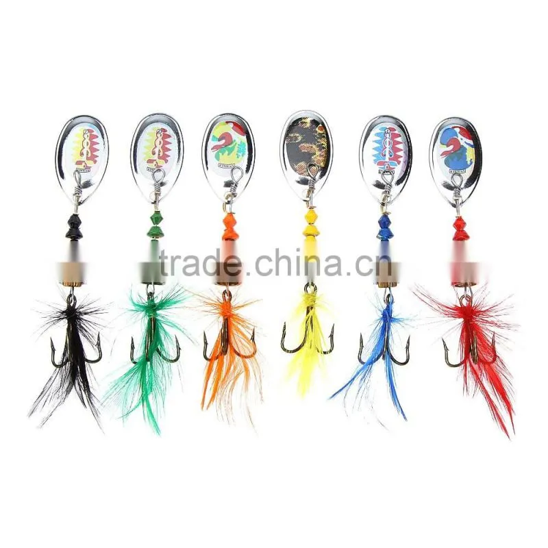6Pcs 7cm 4g Hard Fishing Lures Spoon Noise Sequin Paillette Baits with Feather Treble Hook Set Tackle