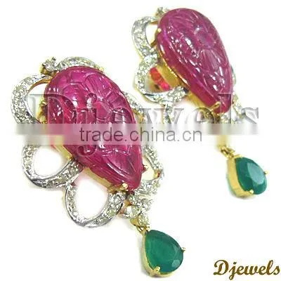 Emerald Diamond Earrings, Diamond Gold Earrings, Gold Jewelry