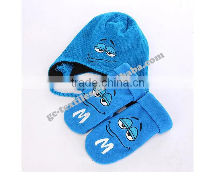 2015 new product china alibaba manufacturer CUSTOM LOGO OEM winter acrylic baby cartoon warm winter set beanie hat gloves