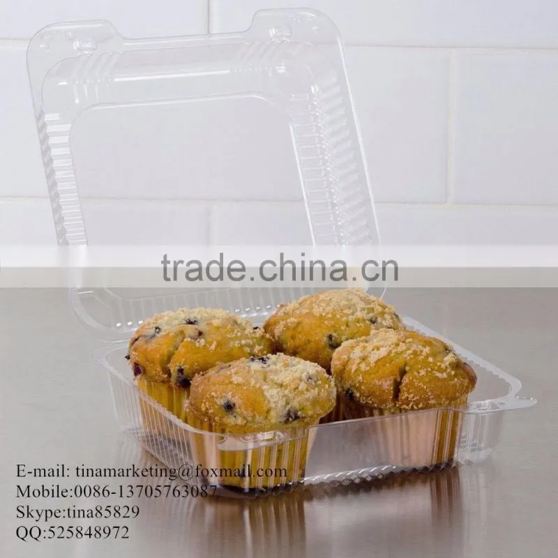 Square Clear Hinged Clamshell Type Plastic StayLock Medium Food Container for Salad, Muffins, Cake, Pastry and Fruit Packaging