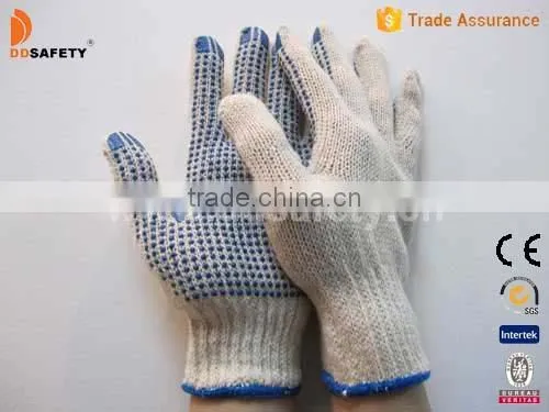 Tricotada Algodao 7G Natural Cotton Polyester String Knitted Blue PVC Dots Safety Gloves