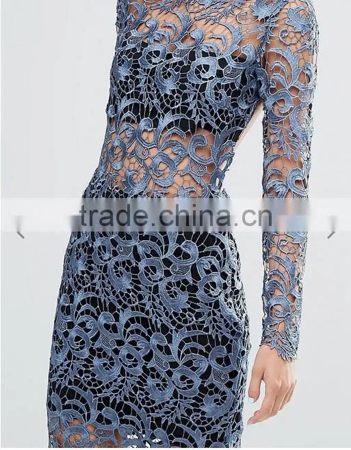 good quality fashion Petrol blue Bandeau underlay Kick split Lace Open Back Dress