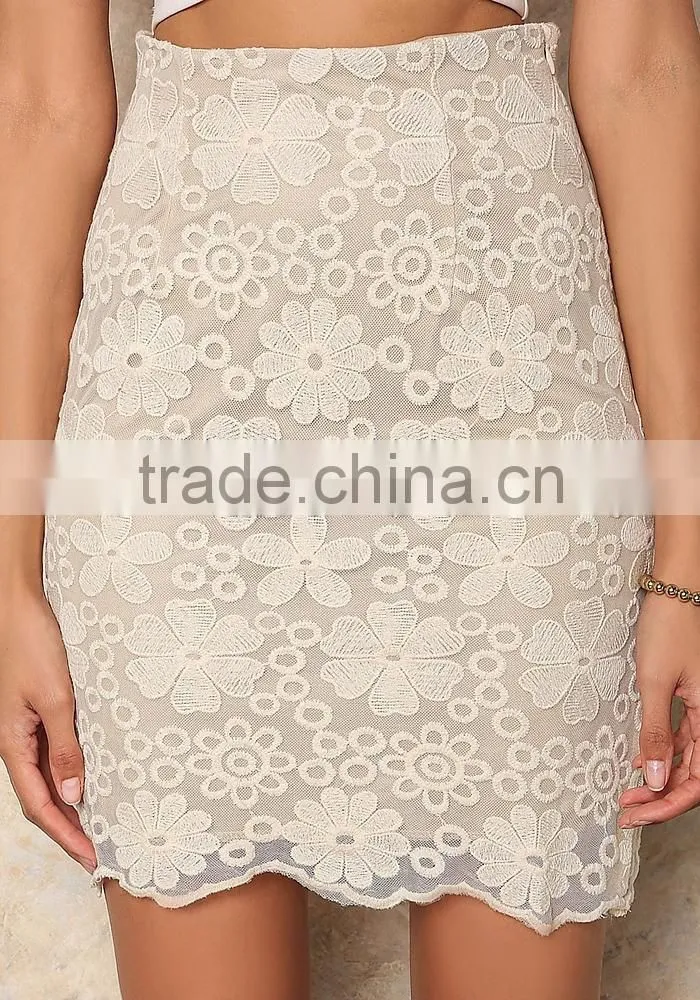 New Arrival Wholesale Bulk Price Clothes Women Midi Skirt With Embroidery Lace Daisies