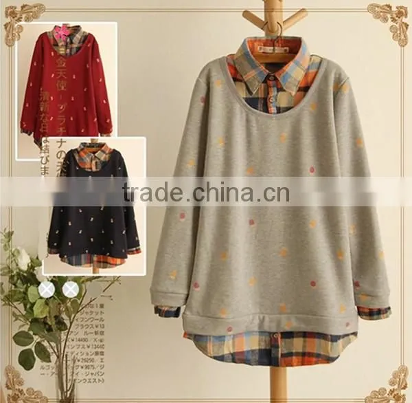 Spring and autumn lovely printed fake 2pcs long sleeve blouse designs fashion women plaid shirt