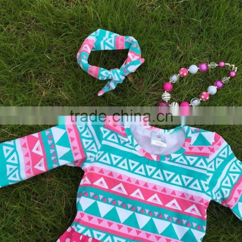 2015 new girls high low dress kids Aztec blue dress hot pink white polka dot dress with necklace and headband