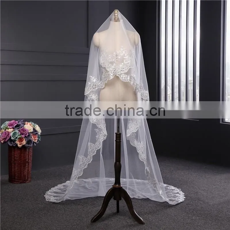 2017 wholesale new grance long lace bridal wedding veil Fashionable long Tulle HL23