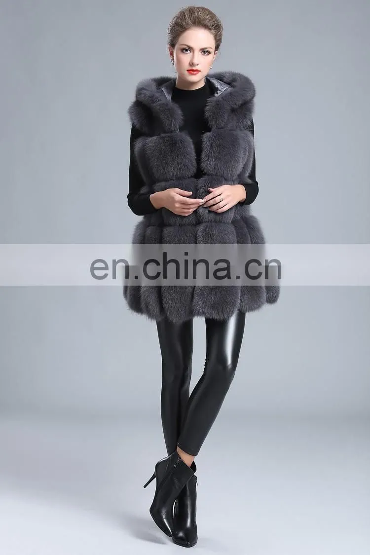 2015 New Style Whole Leather Real Fox Fur Hood Long Style Vest Girl Gilet Beautiful Women Vest