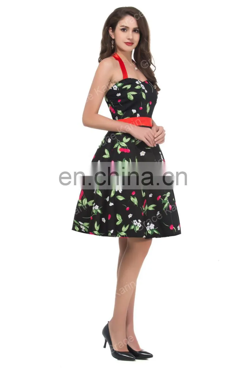 Grace Karin Ladies Halter Plus Size Sleeveless Cherry Printed Vintage Pin Up Vintage Retro Dress CL4595-1#