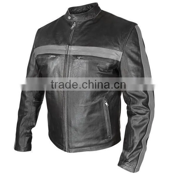 Motorbike Men's Grey Striped Black leather motorcycle jacket