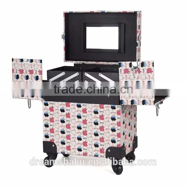 Professional salon beauty box pvc cosmetic makeup kits case with rolling wheels