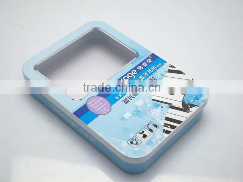 Top grade wholesale earphone tin boxes packaging with windowed lid