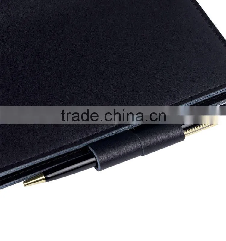 Black fashionable a5 refillable genuine leather notebook with pen attached