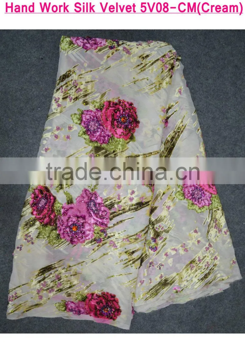 Kapok hand work bule discount price silk velvet lace fabrics for sale