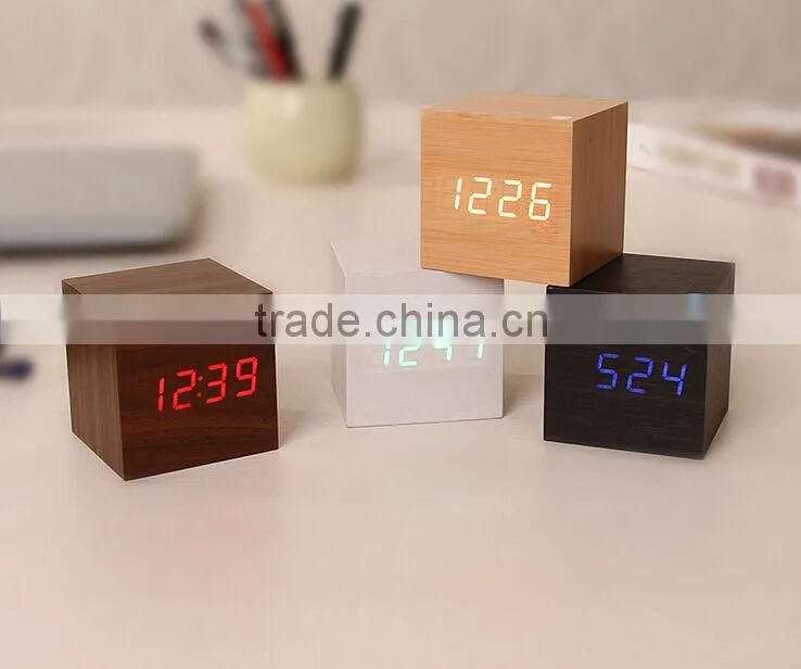 Best selling promotion cube colorful LED Wood alarm clock for home decoration comply with CE ROHS - S714