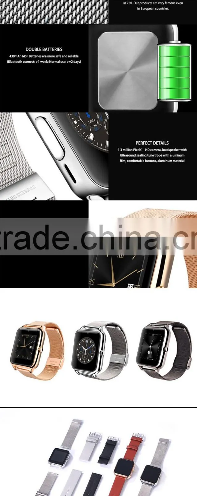 2016 New fashion Z50 Bluetooth Smart Watch with Heart Rate SIM card TF Mp3 Mp4 pedometer sleep Monitoring or IOS Android phones