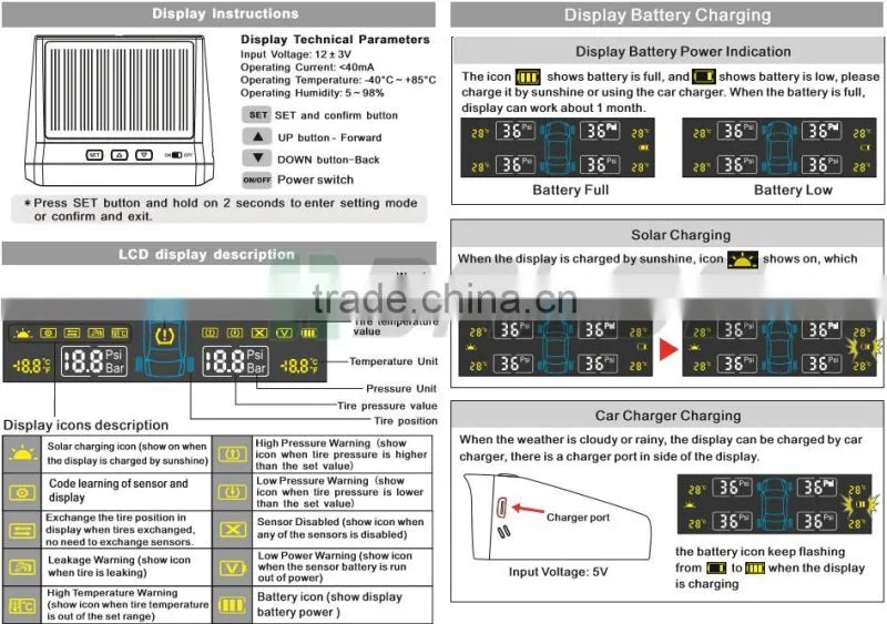 Car Solar Power System TPMS with 4 External Sensors tire pressure gauge car diagnostic tool