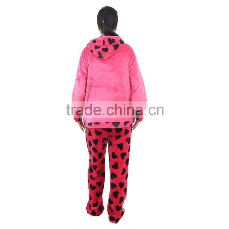 Kevince flannel pyjama set heart print cap knitting woman clothing nightwear homewear MOQ 1000sets