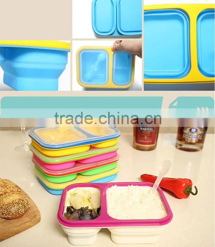 3 Compartment Portable Silicone Collapsible Microwave Lunch Box Food Storage Box